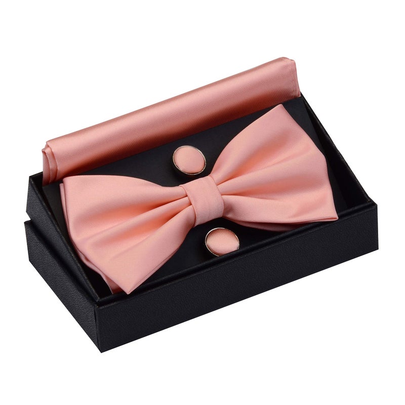 GUSLESON Mens Rose Gold Bow Tie Solid Wedding Pre-tied Bowtie and Pocket Square Cufflink Set (0570-24) - Image 2